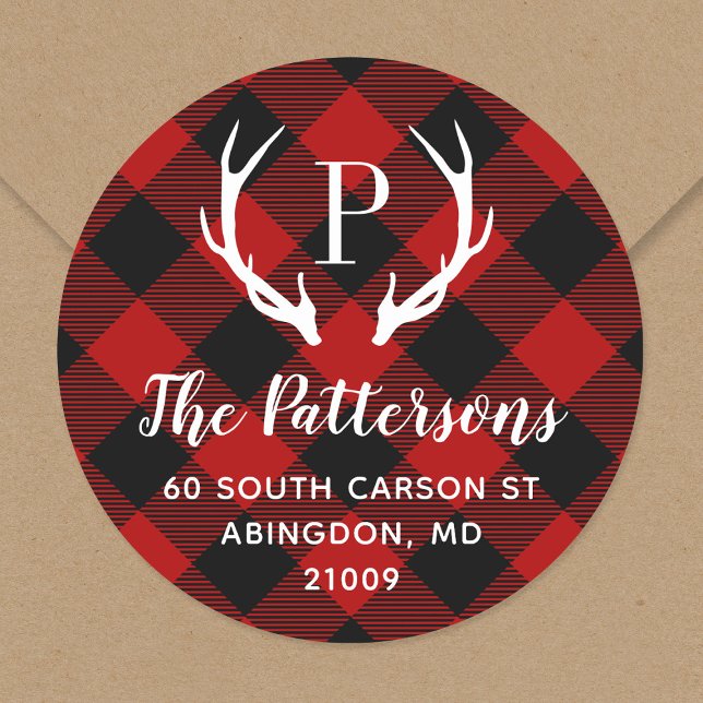 Rustic Antler Monogram Rücksendeadresse Runder Aufkleber (Von Creator hochgeladen)