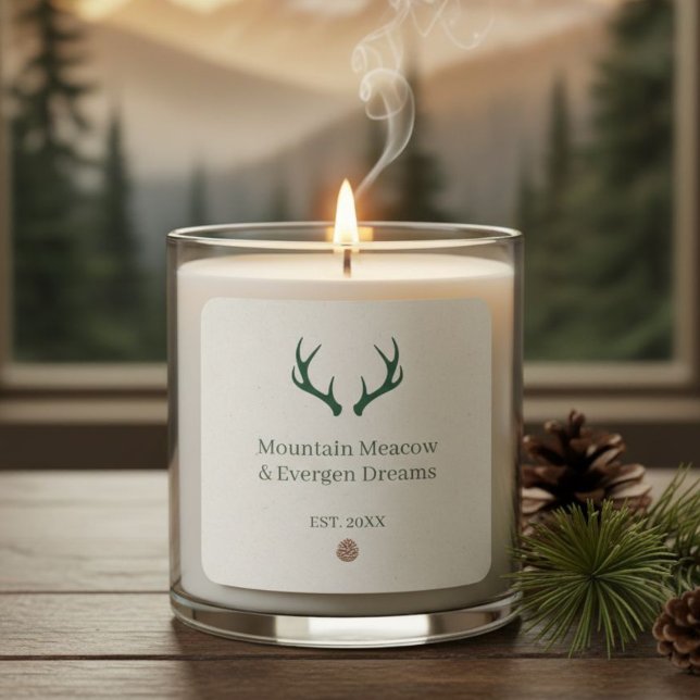 Rustic Antler Pine Cone Personalized Candle Label Quadratischer Aufkleber (Von Creator hochgeladen)
