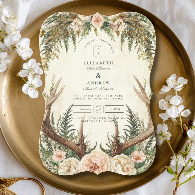 Rustic Antler Woodland Floral Wedding Einladung (Von Creator hochgeladen)
