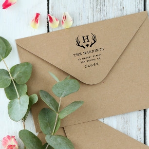 Rustic Antlers Monogram Family Name Rücksendeadres Gummistempel