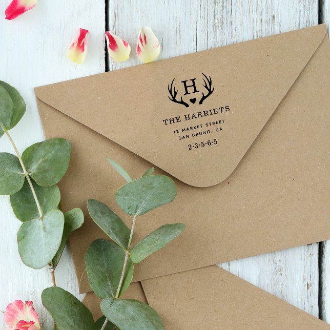 Rustic Antlers Monogram Family Name Rücksendeadres Permastempel (Von Creator hochgeladen)