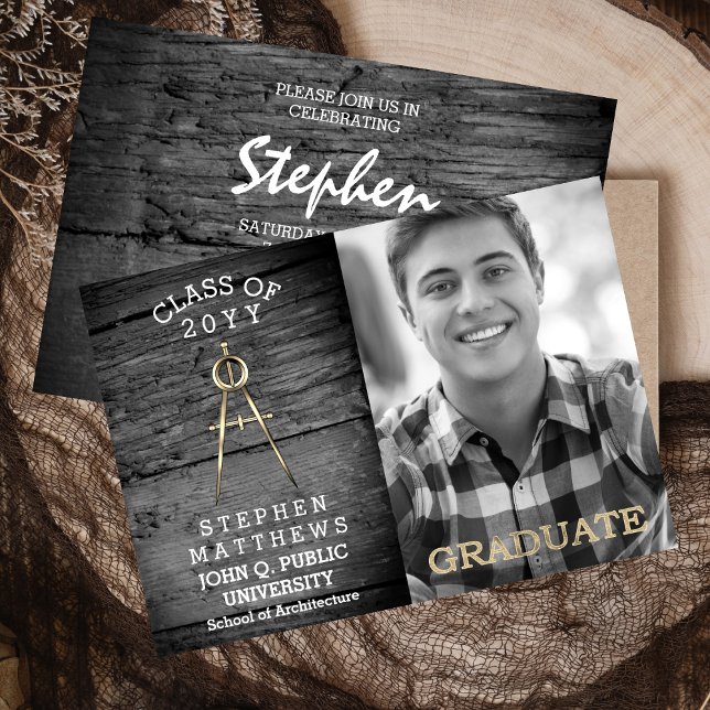 Rustic Architect Architect Compass Abschluss Einladung (Rustic Architect Architecture Compass Graduation Announcement and Party Invitation - Print | Digital)