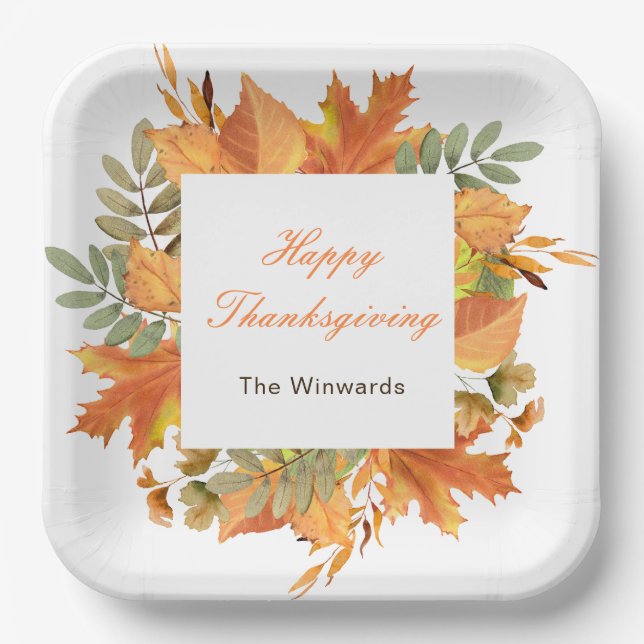Rustic Autumn Fall Leaves Square Thanksgiving  Pappteller (Vorderseite)