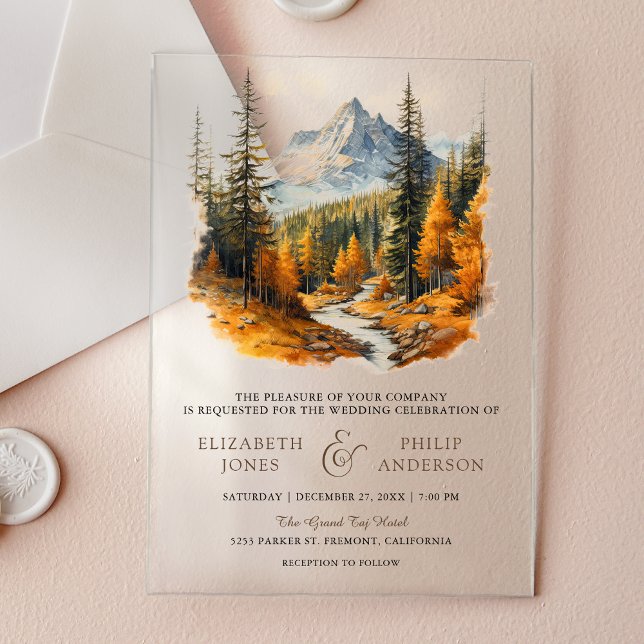 Rustic Autumn Fall Mountain Forest Wedding Acryleinladungen (Von Creator hochgeladen)