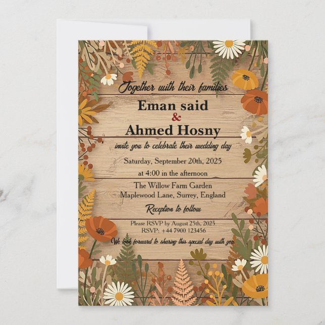 Rustic Autumn Floral Wood Wedding Invitation | Fal Einladung (Vorderseite)