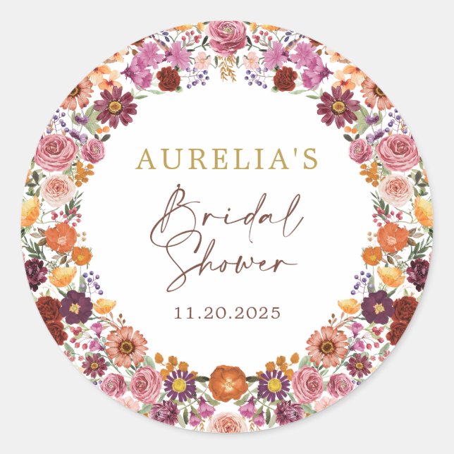 Rustic Autumn Floral Wreath Bridal Shower Runder Aufkleber (Vorderseite)