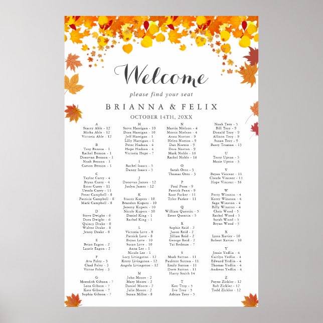 Rustic Autumn Leaves Wedding Seating Chart Poster (Vorne)