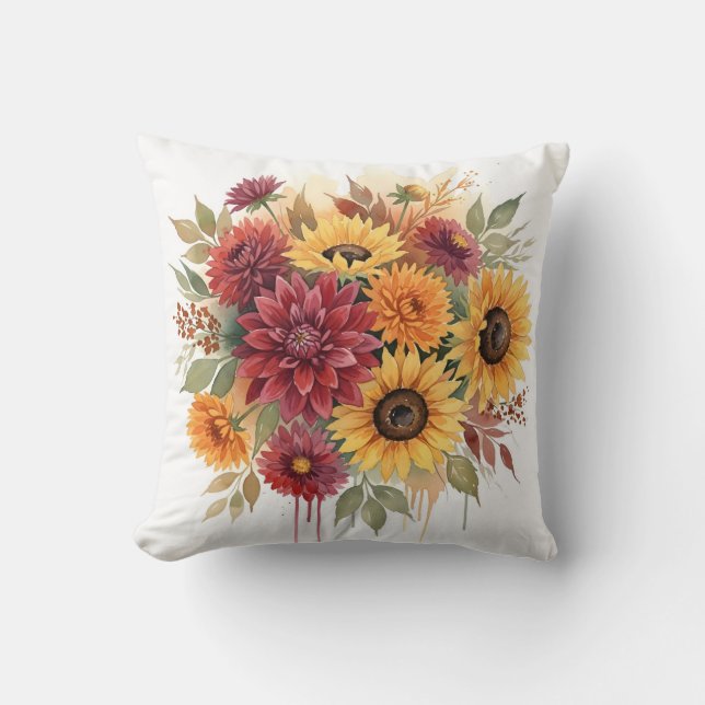 Rustic Autumn Sunflower and Burgundy Dahlia Kissen (Vorderseite)
