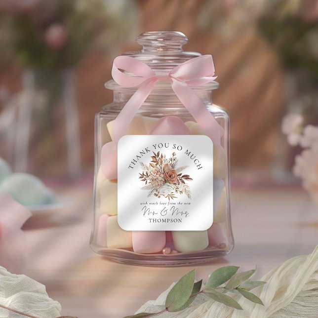 Rustic Autumnal Florals Neuer Herr Mrs. Quadratischer Aufkleber (Rust Florals Thank you sticker for your favors! Part of the Terracotta Autumn Florals Collection)