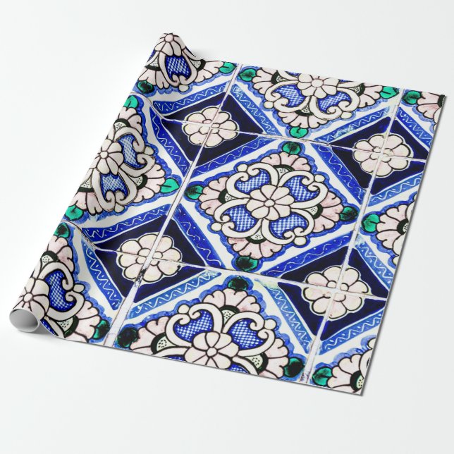 Rustic Azulejo Spanisches Muster Tiles Navy White Geschenkpapier (Ungerollt)