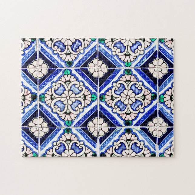 Rustic Azulejo Spanisches Muster Tiles Navy White Puzzle (Horizontal)