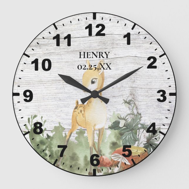 Rustic Baby Fawn Deer Nature Greenerity Barn Wood  Große Wanduhr (Vorderseite)
