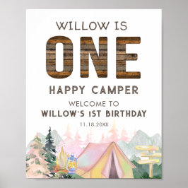 Rustic Baby Girl Pink One Happy Camper Geburtstag Poster