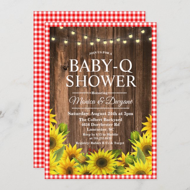 Rustic Baby Q Dusche GRILLEN Sonnenblume Einladung (Vorne/Hinten)