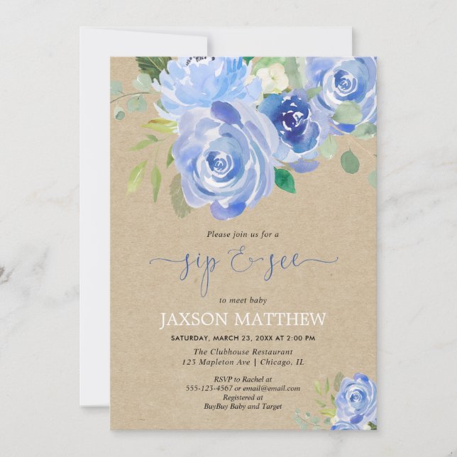 Rustic Baby Sip sehen blaue Aquarellfarben Einladung (Vorderseite)