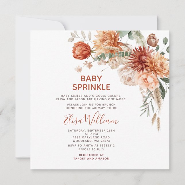 Rustic Baby Sprinkle Orange Wildblume Babydusche Einladung (Vorderseite)