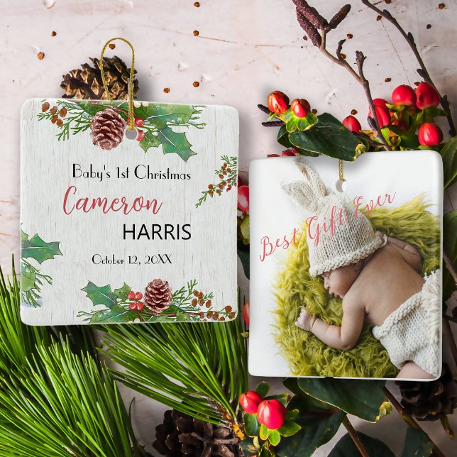 Rustic Baby's 1. Weihnachts-Meilenstein-Foto Keramikornament (Von Creator hochgeladen)