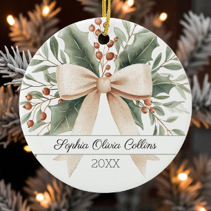 Rustic Baby's 1. Weihnachts Wasserfarbe Beige Bow Keramik Ornament