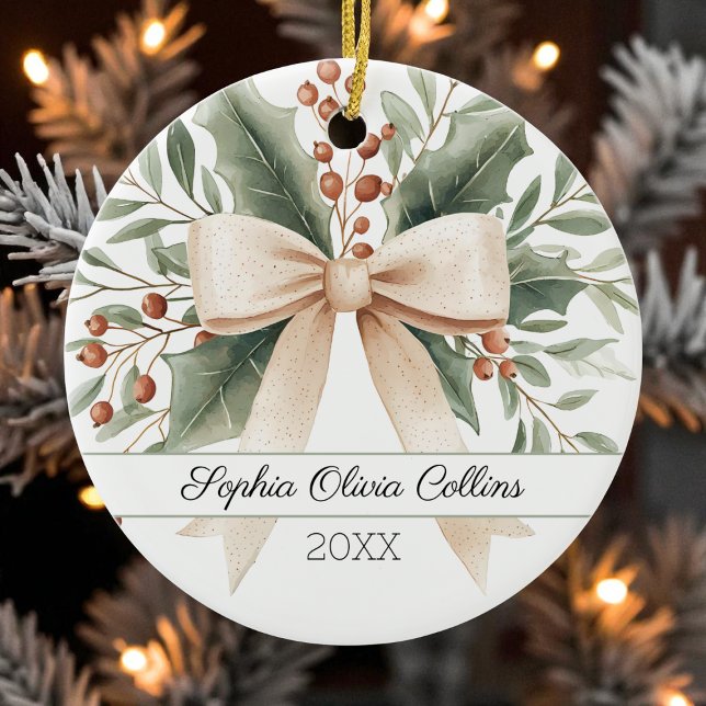 Rustic Baby's 1. Weihnachts Wasserfarbe Beige Bow Keramik Ornament (Rustic Baby's 1st Christmas Watercolor Beige Bow Ceramic Ornament)