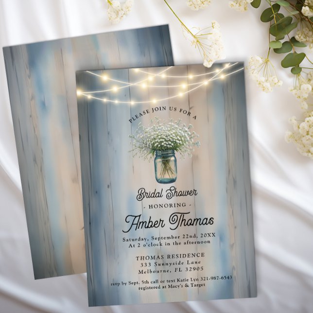Rustic Baby's Atem Mason Jar Brautparty Einladung (Baby's Breath Bridal Shower Invite)