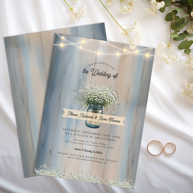 Rustic Baby's Breath Mason Jar Wedding Einladung (Wedding invitation)