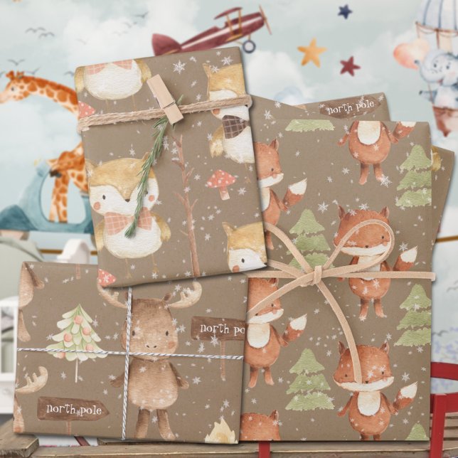 Rustic Baby's First Christmas Fox Owl & Moose Geschenkpapier Set (Rustic Kraft Baby's First Christmas Red Fox Owl & Moose Going To The North Pole Gift Wrapping Trio )