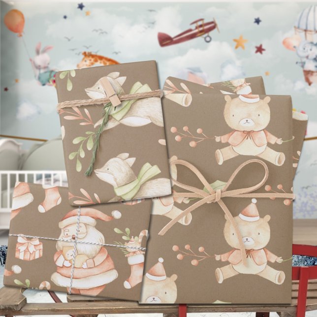 Rustic Baby's First Christmas Teddy Bärenfox Santa Geschenkpapier Set (Rustic Kraft Baby's First Christmas Teddy Bear Fox & Santa Holiday Gift Wrapping Paper Sheets Trio )