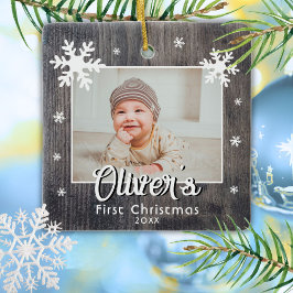 Rustic Baby's First Christmas Wood Snowflake Foto Keramikornament