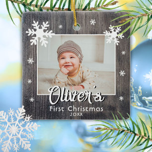 Rustic Baby's First Christmas Wood Snowflake Foto Keramikornament