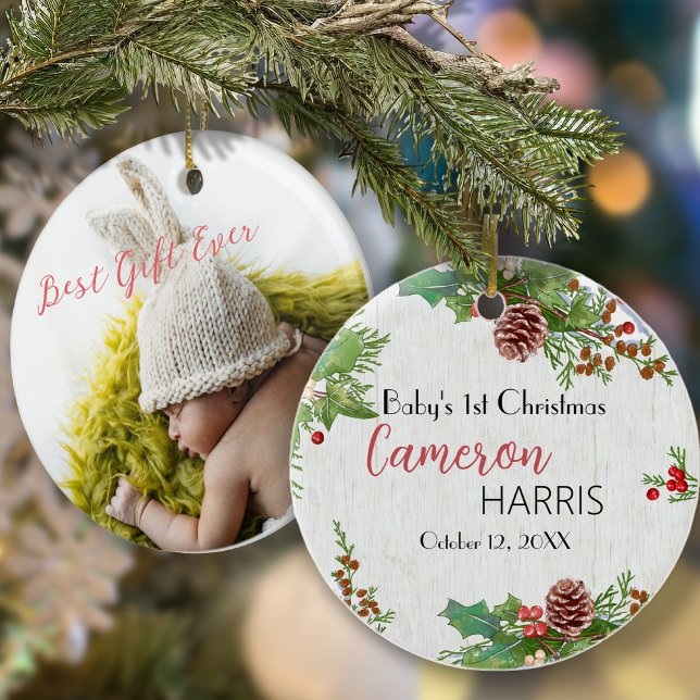Rustic Baby's Meilenstein 1. Weihnachtsfest Foto Keramik Ornament (Von Creator hochgeladen)