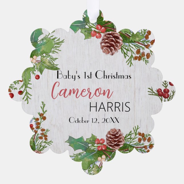 Rustic Baby's Meilenstein 1. Weihnachtsfest Foto Ornament Karte (Rückseite)