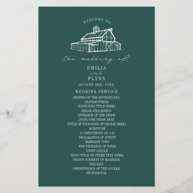 Rustic Barn Emerald Farm Wedding Program (Vorderseite)
