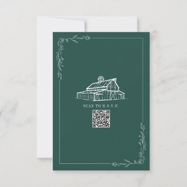 Rustic Barn Emerald Green QR Code Wedding RSVP Karte (Vorderseite)