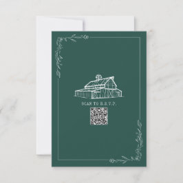Rustic Barn Emerald Green QR Code Wedding RSVP Karte