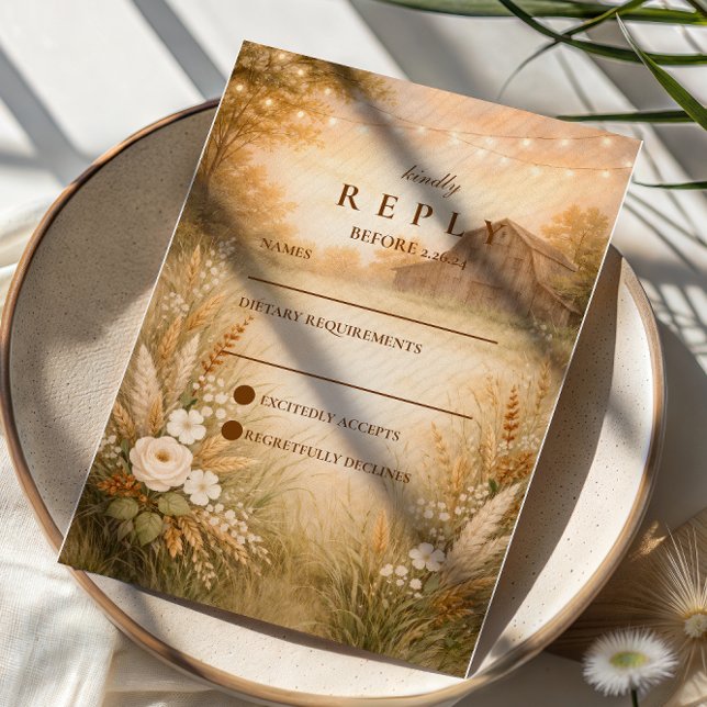 Rustic Barn Meadow String Lights Wedding RSVP Karte (Von Creator hochgeladen)