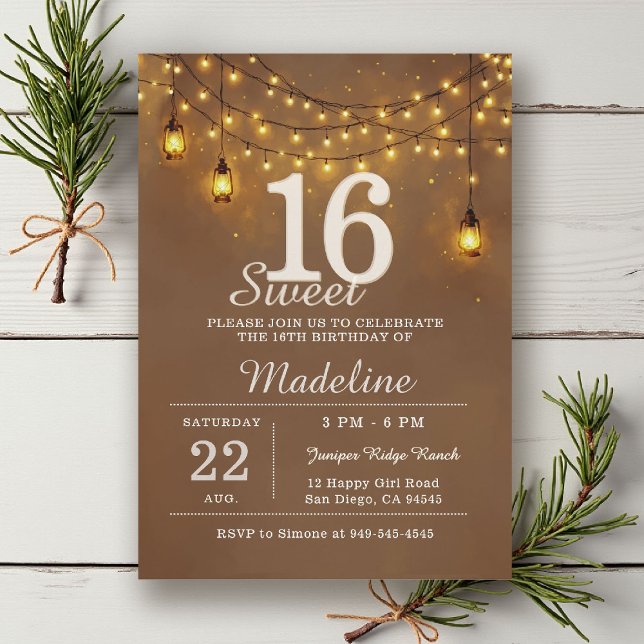 Rustic Barn String Lights Glow Lanterns Sweet 16 Einladung (rustic sweet 16 birthday party invitation string lights barn lanterns brown gold outdoors backyard)