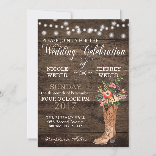 Rustic Barn Wedding Wood Cowboy Boots Einladung (Vorderseite)