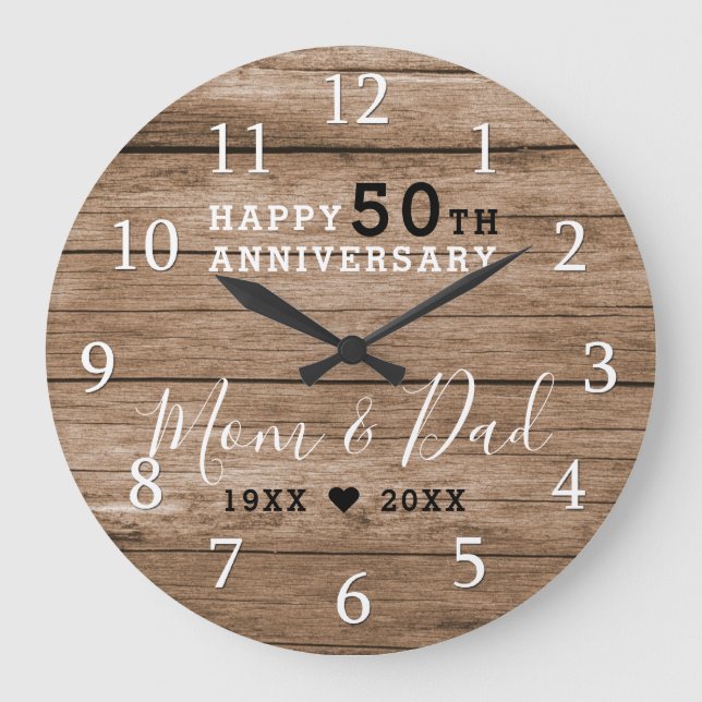 Rustic Barn Wood 50th Gold Wedding Annivers Große Wanduhr (Vorderseite)
