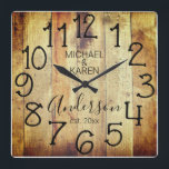 Rustic Barn Wood Farmhouse Custom Family Name Quadratische Wanduhr<br><div class="desc">In Rustic, einzigartig, one-of-a-kind personalized design feys falwood background with and the words, ist "MICHAEL & KAREN Anderson ist. 20XX" in black typography. Personalize this clock by adding your own personal information. Makes a great wedding, anniversary, or housewarming gift. Click "personalize this template" to change the names and fonts to...</div>