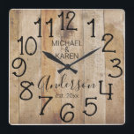 Rustic Barn Wood Farmhouse Custom Family Name Quadratische Wanduhr<br><div class="desc">In Rustic, einzigartig, one-of-a-kind personalized design feys falwood background with and the words, ist "MICHAEL & KAREN Anderson ist. 20XX" in black typography. Personalize this clock by adding your own personal information. Makes a great wedding, anniversary, or housewarming gift. Click "personalize this template" to change the names and fonts to...</div>