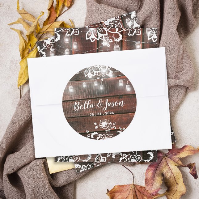 Rustic Barn Wood Lace String Lights Wedding Runder Aufkleber (Rustic Barn Wood String Lights Wedding Envelope Seal Sticker | Lace Rustic Wedding Sticker)