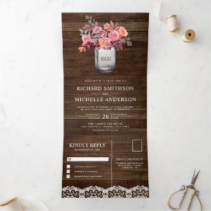 Rustic Barn Wood Marsala Floral Mason Jar Wedding Dreifach Gefaltete Einladung