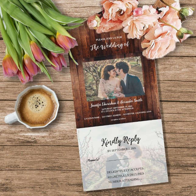 Rustic barn wood photo country Wedding All In One Einladung (Rustic barn wood photo country Wedding All In One Invitation. For your perfect rustic wedding.)