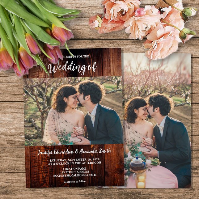 Rustic barn wood photo country wedding einladung (Rustic barn wood photo country wedding invitation. You can add your own photos and text.)