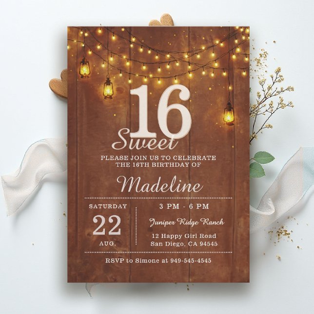 Rustic Barn Wood String Lights Lanterns Sweet 16 Einladung (rustic sweet 16 birthday party invitation string lights barn wood lanterns brown gold outdoors )