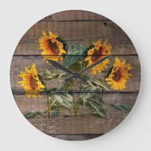 Rustic Barn Wood Sunflower Große Wanduhr