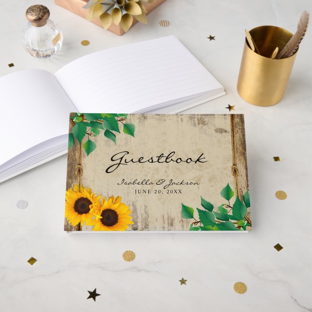 Rustic Barn Wood Sunflower Wedding Guestbook Gästebuch (Vorderseite Offen)