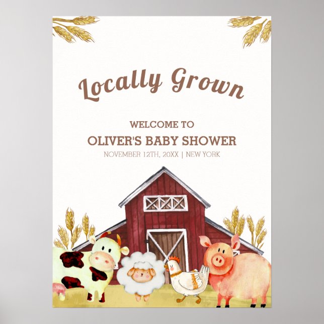 Rustic Barnyard Farm Animals Baby Dusche Willkomme Poster (Vorne)