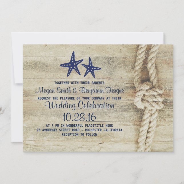 Rustic Beach Driftwood Nautical Rope Navy Hochzeit Einladung (Vorderseite)