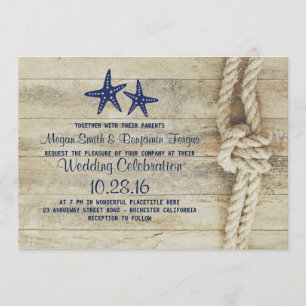 Rustic Beach Driftwood Nautical Rope Navy Hochzeit Einladung